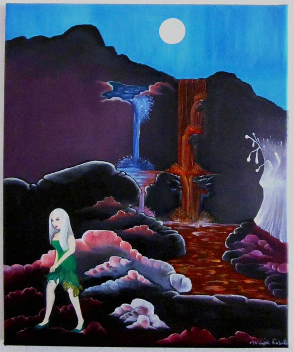 green_clothed_woman_in_lava_and_water_landscape